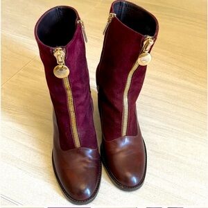 Capezzani Leather and Burgundy Suede Booties with Gold Hardware
